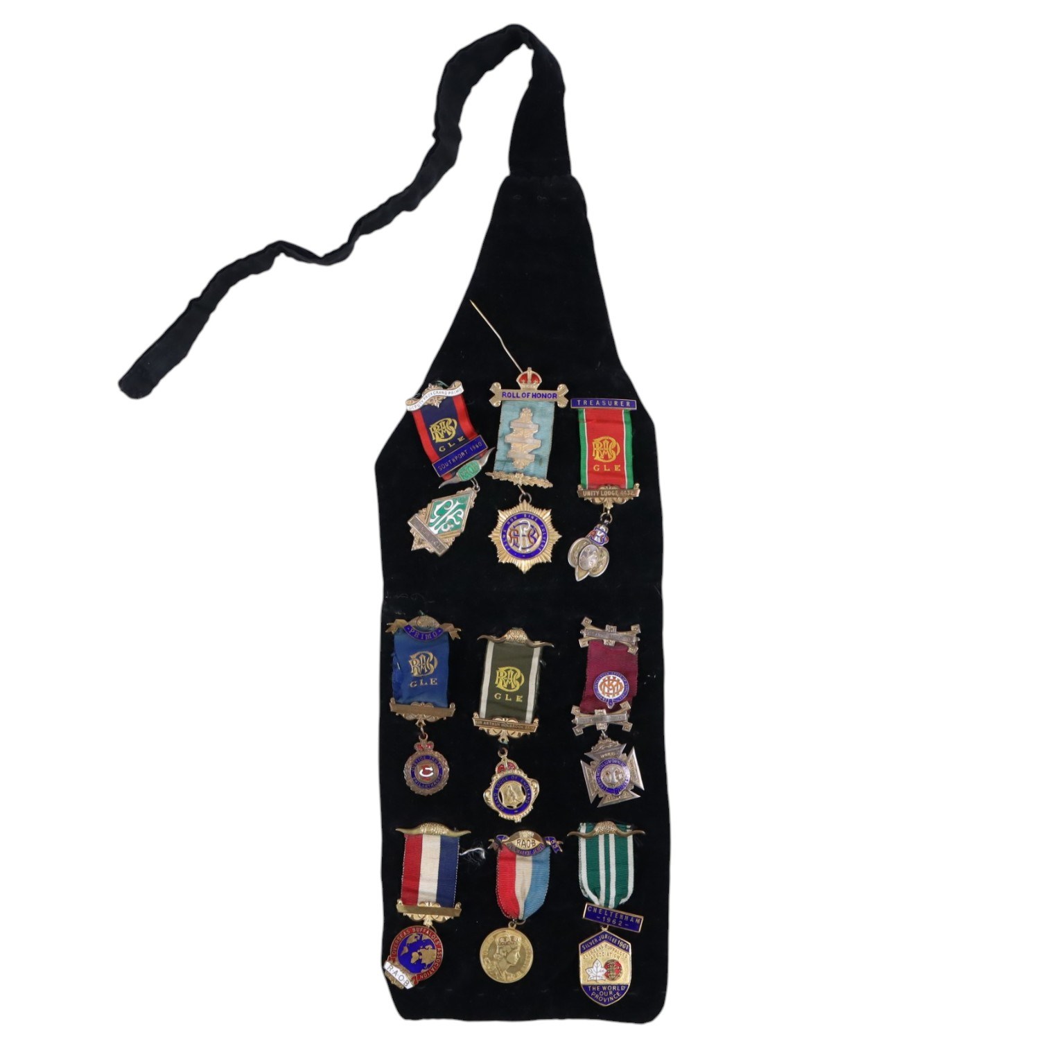 Masonic jewels, including six silver examples, hallmarked, with gavel, RAOB cuffs, apron and chain of office, in leather case with gilt initials
