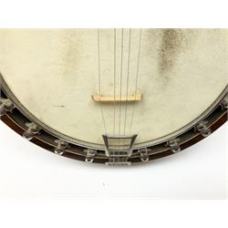 The Windsor Popular Model 5 five string closed back banjo, the head stamped The Windsor, Popular, Model 5, the heel bearing a metal plaque stamped The New Windsor, Patent Zither Banjo, A.O. Windsor, Maker, 94 Newhall Street, Birmingham, England, the skin 24.5cm diameter L97cm; in later soft carrying case