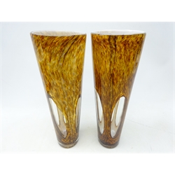  Pair art glass vases with mottled brown body with four clear glass oval panels, H36cm (2)  