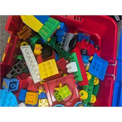 Box of loose Lego Duplo bricks, vehicles and figures