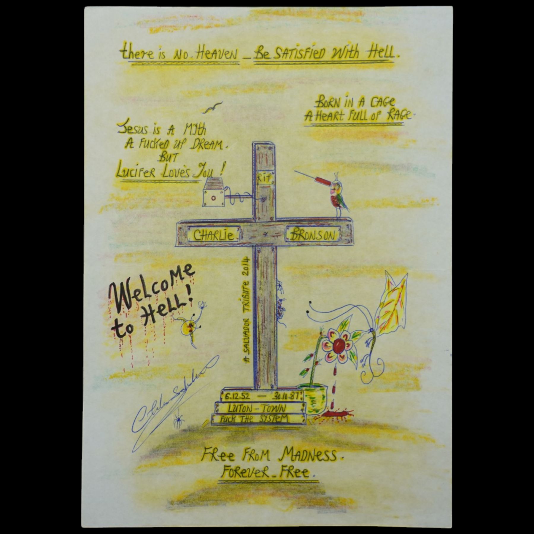 Charles Bronson (Charles Arthur Salvador) (British 1952-): A comprehensive collection of five hundred mixed media works executed between 2000 and 2025. Produced during the artist’s long-term incarceration, the works are primarily in ink, coloured pencil and mixed media on paper. The collection includes multiple formats: A5 (15 works), A4 (308 works), A3 (164 works) and A2 (13 works). Some are signed and dated; a number are executed on the reverse of official prison documents and other repurposed materials, reflecting the limited availability of art materials within the prison environment. This collection represents the largest body of the artist’s work to be offered as a single lot and has not previously been available on the market. (500) (unframed)

Notes: Dated examples span the period from 2000 to 2025, with the greatest concentration produced between 2012 and 2019 and including a group of recent large-scale works from the final years of the period; approximately twenty percent are undated.