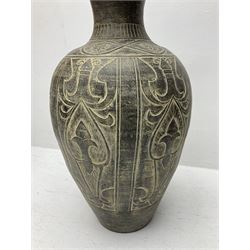 Large floor vase of tapering ovoid form with flared rim, decorated with panels of stylised decoration below repeating floral roundels amongst intertwined lines, H89cm