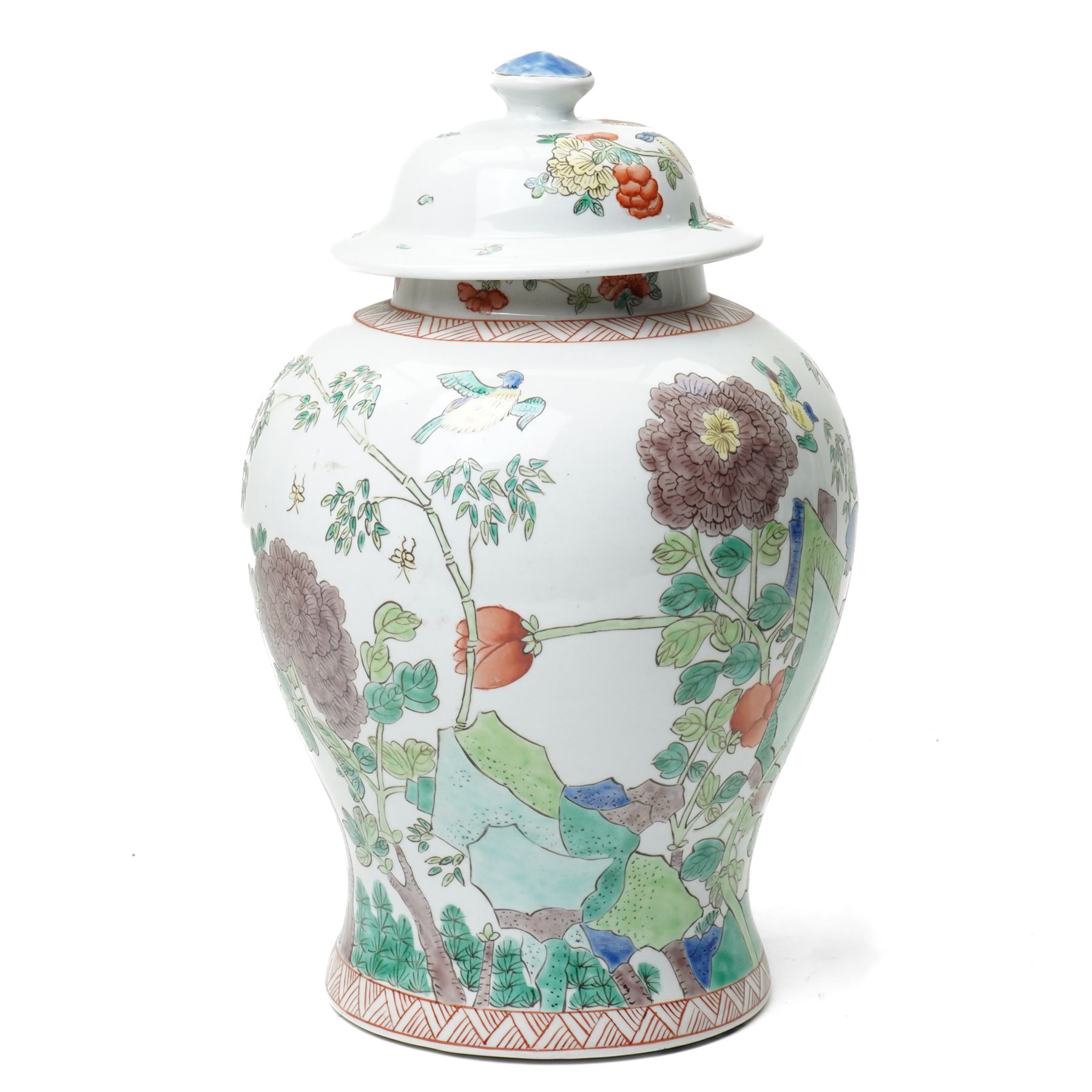 Chinese famille verte jar and cover, painted with traditional foliage and birds, Republic period, four character mark to base, H43cm 