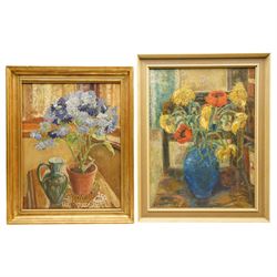 H Bailey (British Mid-20th century): Still Life of Sunflowers in a Vase, oil on board signed 50cm x 37cm; Sibil Elizabeth Swinden (British Mid-20th century): Still Life of Blue Flowers in a Pot, oil on canvas labelled verso 44cm x 34cm (2)