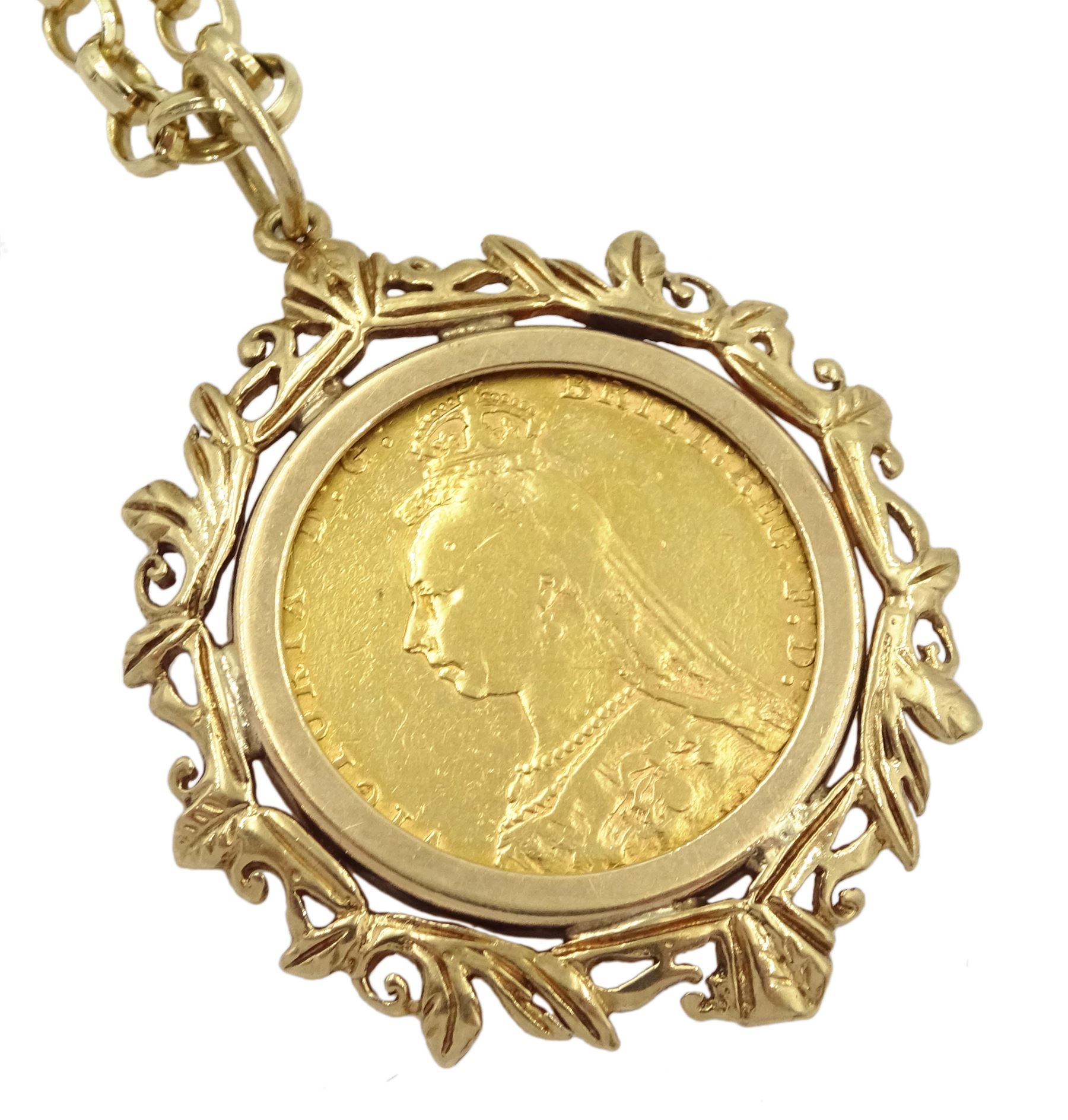 Queen Victoria 1891 gold full sovereign coin, loose mounted in gold pendant, on gold cable link chain necklace, both hallmarked 9ct