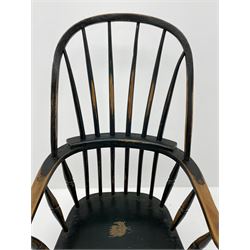 19th century ash and beech Windsor chair, high hoop and stick back, turned supports with H stretcher, green paint finish 