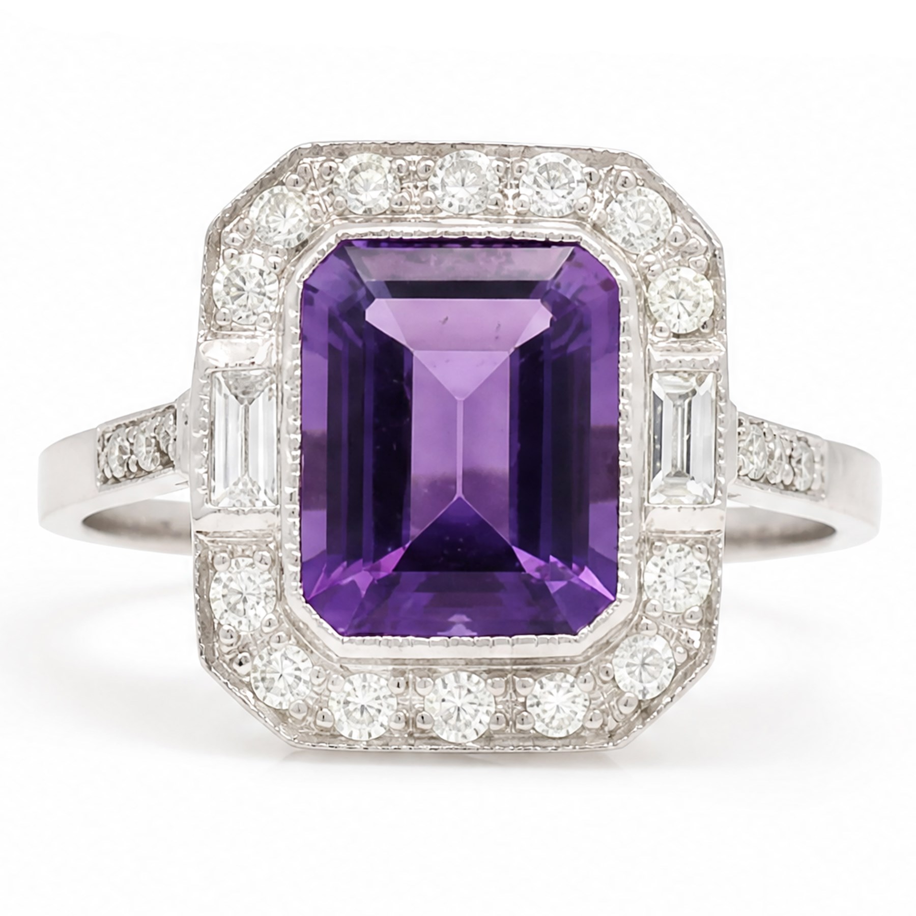 Platinum amethyst and diamond cluster ring, single octagonal cut amethyst  of approx 3.00 carat, surrounded by milgrain set baguette and round cut diamonds and diamond set shoulders, hallmarked, total diamond weight approx 0.25 carat