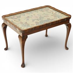 Georgian style occasional table with glazed needlework top, with pie crust edge, raised on...