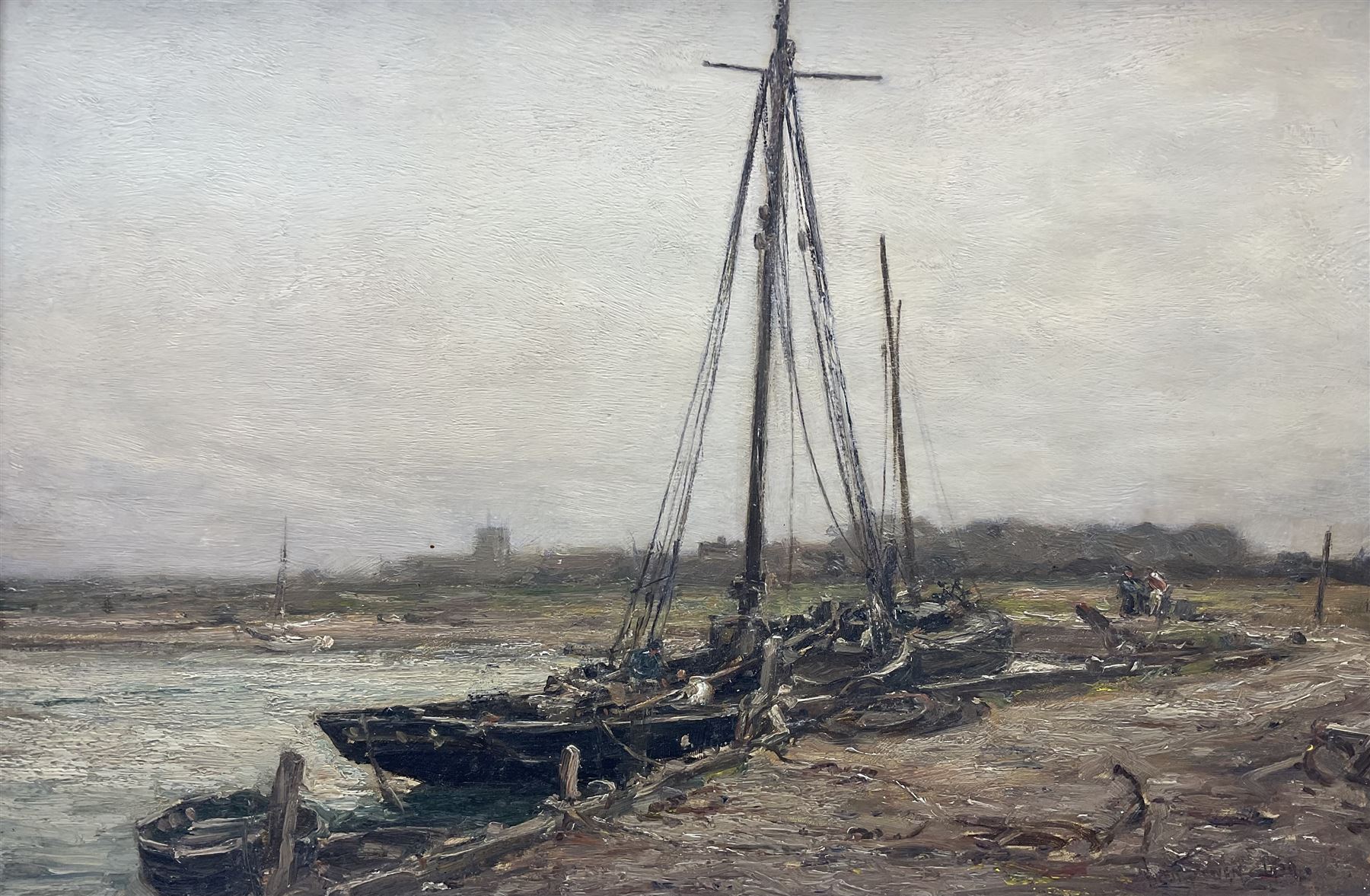 Owen Bowen (Staithes Group 1873-1967): Barges at the Riverside, oil on canvas signed and dated 1909, 40cm x 60cm