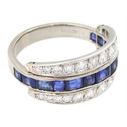 18ct white gold three row calibre cut sapphire and single cut diamond ring, hallmarked, total diamond weight approx 0.65 carat