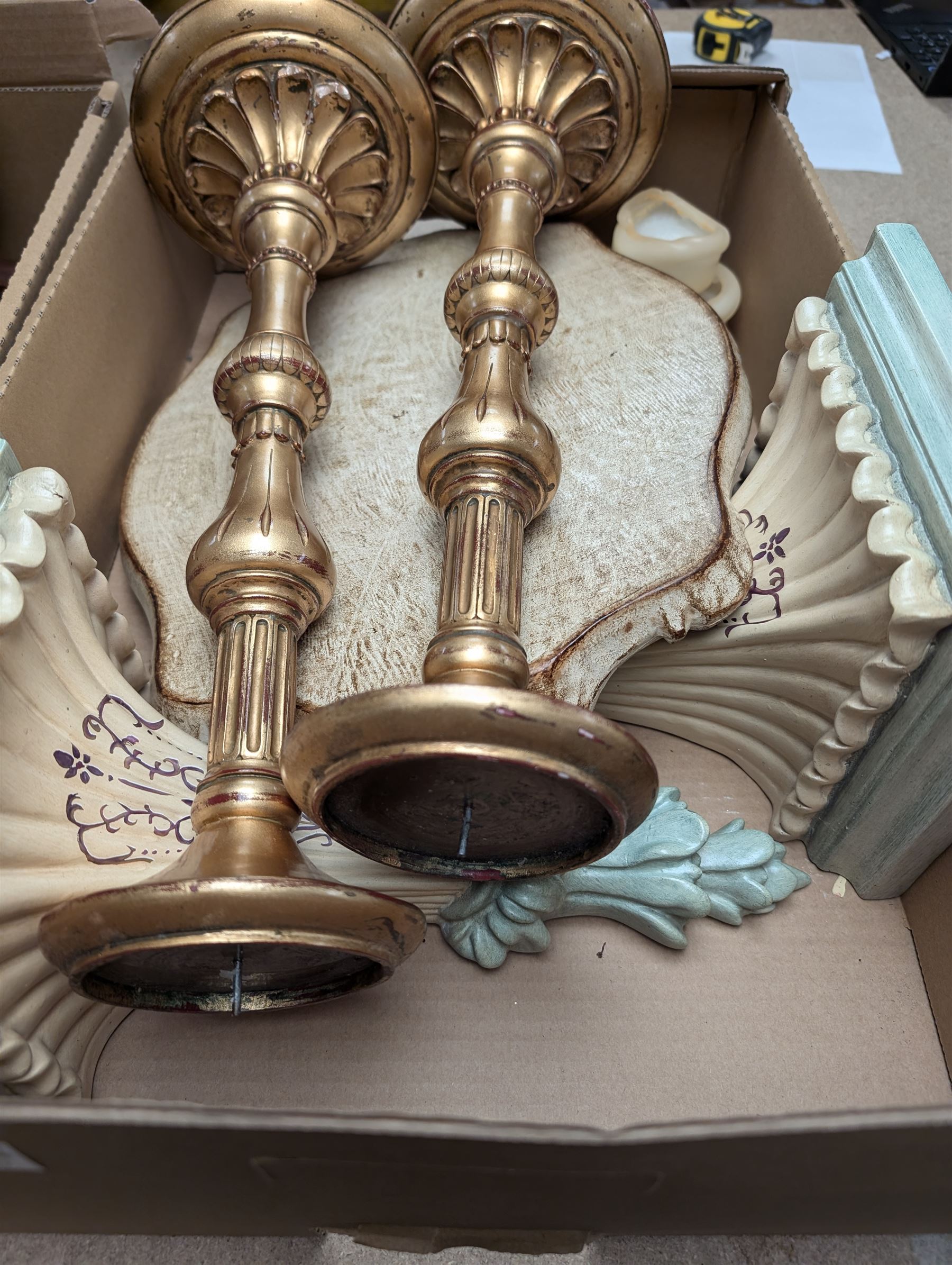 Pair of modern candlesticks in gilt finish, Chinese wooden waste paper basket, box of cutlery and other collectables