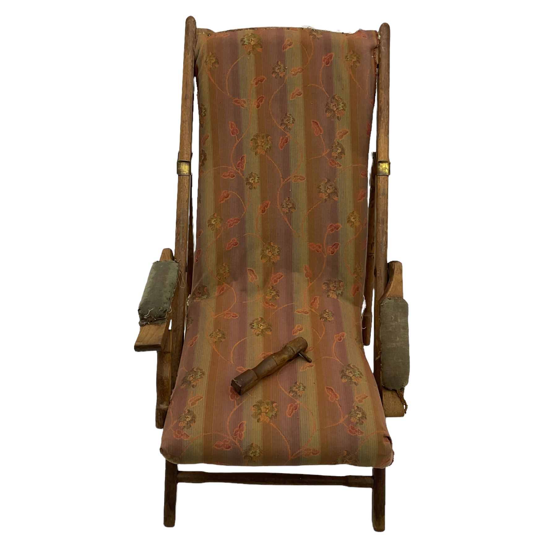 19th century teak campaign steamer or garden chair, folding staggered mechanism with brass fittings, upholstered seat, back and arms