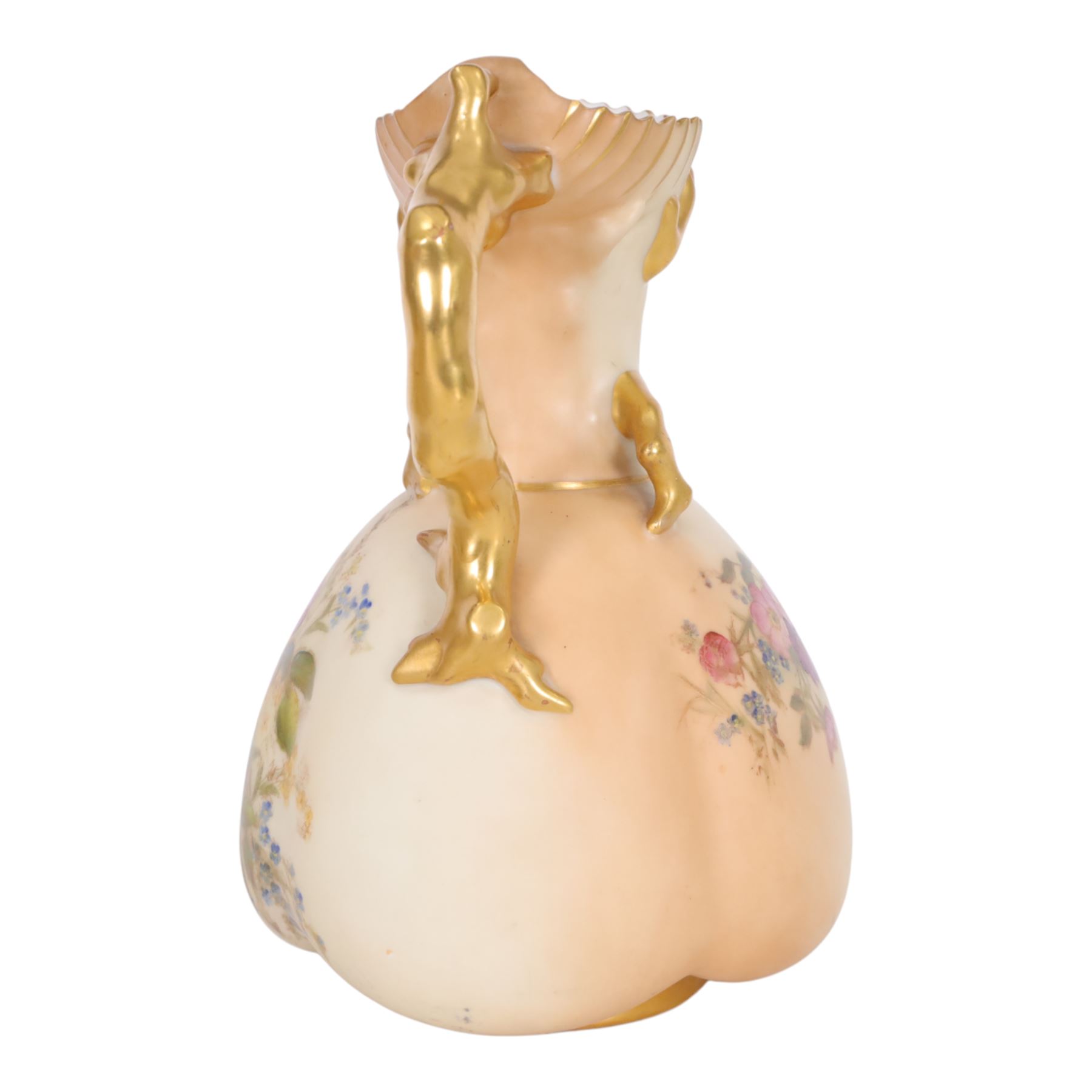 Royal Worcester blush ivory quatrelobe coral jug, decorated with floral sprigs shape 1507 together with two jugs with a shell moulded rim and decorated with flowers, shape 1229, all with puce marks beneath, quatrelobe jug H22cm 