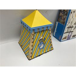 Collection of 1980s/90s Playmobil - vehicles including Fire-Engine No.21, Mobil Crane No.28, Quick Service Truck No.1 with trailer, Dumper Truck, GSL Sports car, GS Turbo car and three motorcycles; together with boxed Knights Tournament Set, Playmospace Space Station and Shuttle, wigwam and various accessories and figures etc