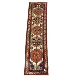 Persian Ardebil runner rug, beige and red ground, diamond centre pattern