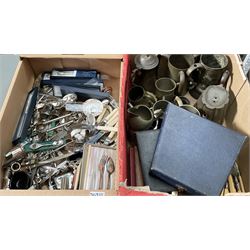 Quantity of metal ware, to include various cased and loose flatware including two cased sets with ferules stamped Sterling Silver, silver plated wine taster, pair of small silver plated novelty boots, tyg, teapot, tankards, etc., in two boxes