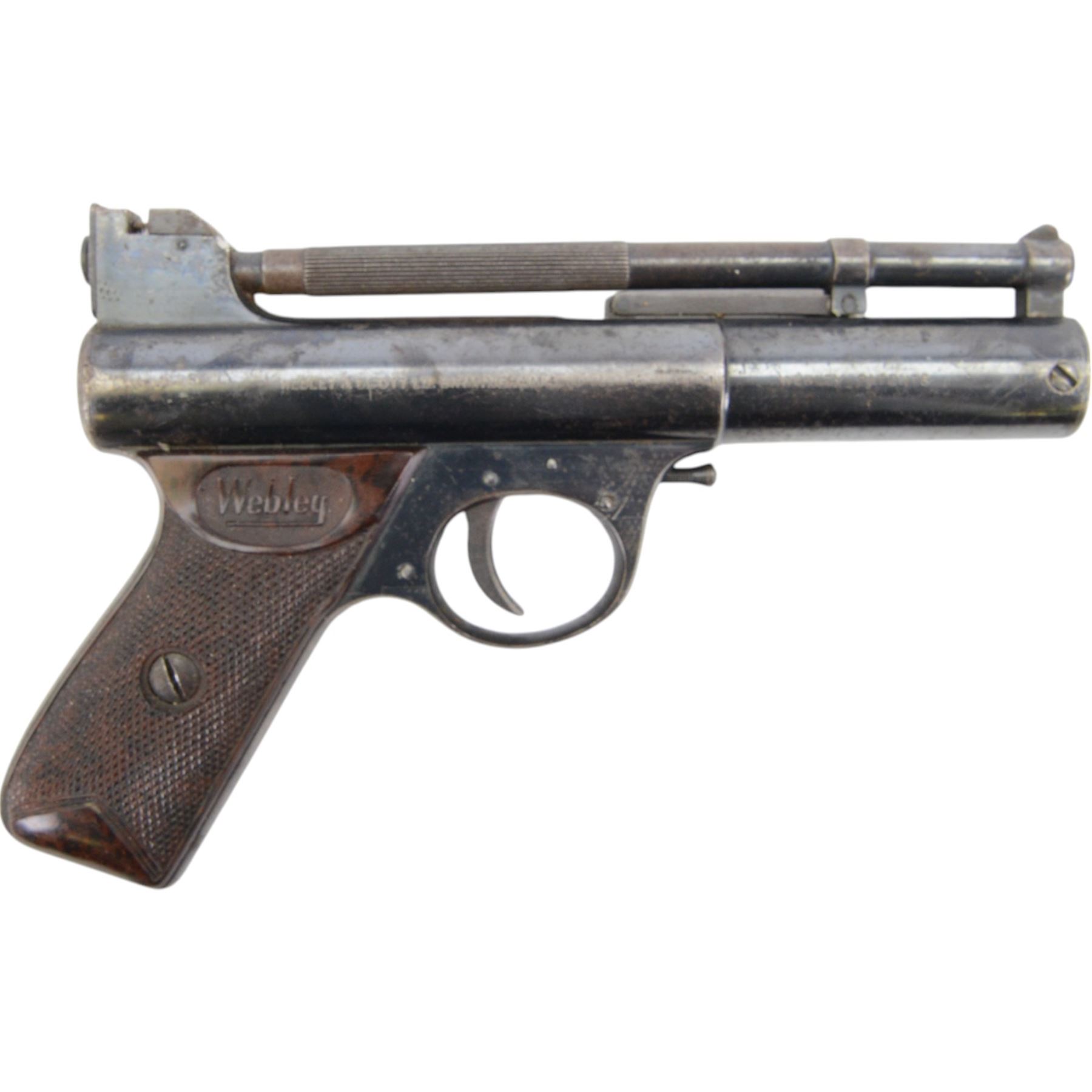 Webley Mark I .22 air pistol, batch 084, the air chamber marked 'The Webley Mark I Made in England, Webley & Scott Ltd Birmingham 4, Webley Patents', with brown checkered grip, H14cm, L19cm