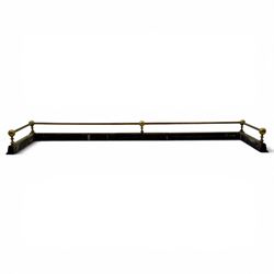 Three 20th century brass fenders, two with pierced Art & Crafts design rails, largest W156cm, D 45cm 