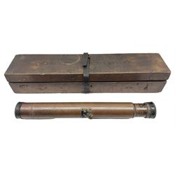 Early 20th century brass and black japanned gunsighting telescope inscribed 'G.S. Telescope X8 No.2127 W.G. Pye & Co Cambridge 1918 No.18' with X graticule to lens L53cm; in wooden box marked 'Gunsighting Telescope'