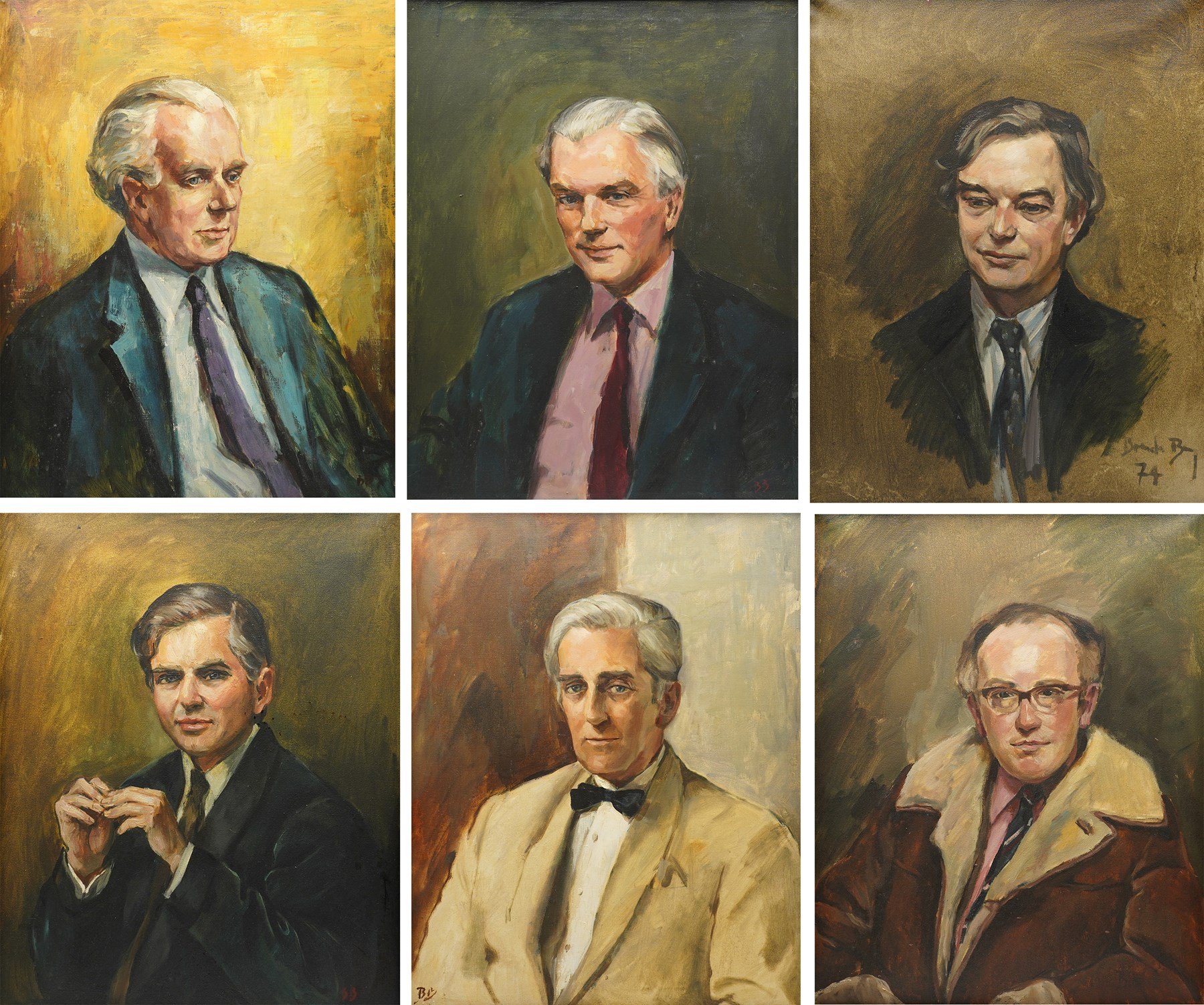 Brenda Bury (British 1932-): Members of European Parliament - 'Frederick Ponsonby 10th Earl of Bessborough' 'Rafton Pounder' 'Sir James Scott Hopkins' 'William Murray 8th Earl of Mansfield & Mansfield' 'John Brewis' and 'Peter Kerr 12th Marquess of Lothian', set of six oils on canvas variously signed, one dated '74, in matching frames, 76cm x 59cm (6)
Provenance: Property of a Nobleman.