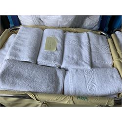 170 regular bath towels, 180 towels, 33 packs of regular towels, with two linen trolleys- LOT SUBJECT TO VAT ON THE HAMMER PRICE - To be collected by appointment from The Ambassador Hotel, 36-38 Esplanade, Scarborough YO11 2AY. ALL GOODS MUST BE REMOVED BY WEDNESDAY 15TH JUNE.