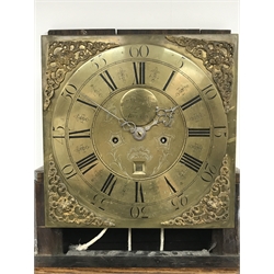  Early 19th century oak longcase clock, square brass dial inscribed Jeremiah Standing Bolton, case with swan neck pediment and fluted columns, 30hr movement striking the hours on a bell, H226cm  