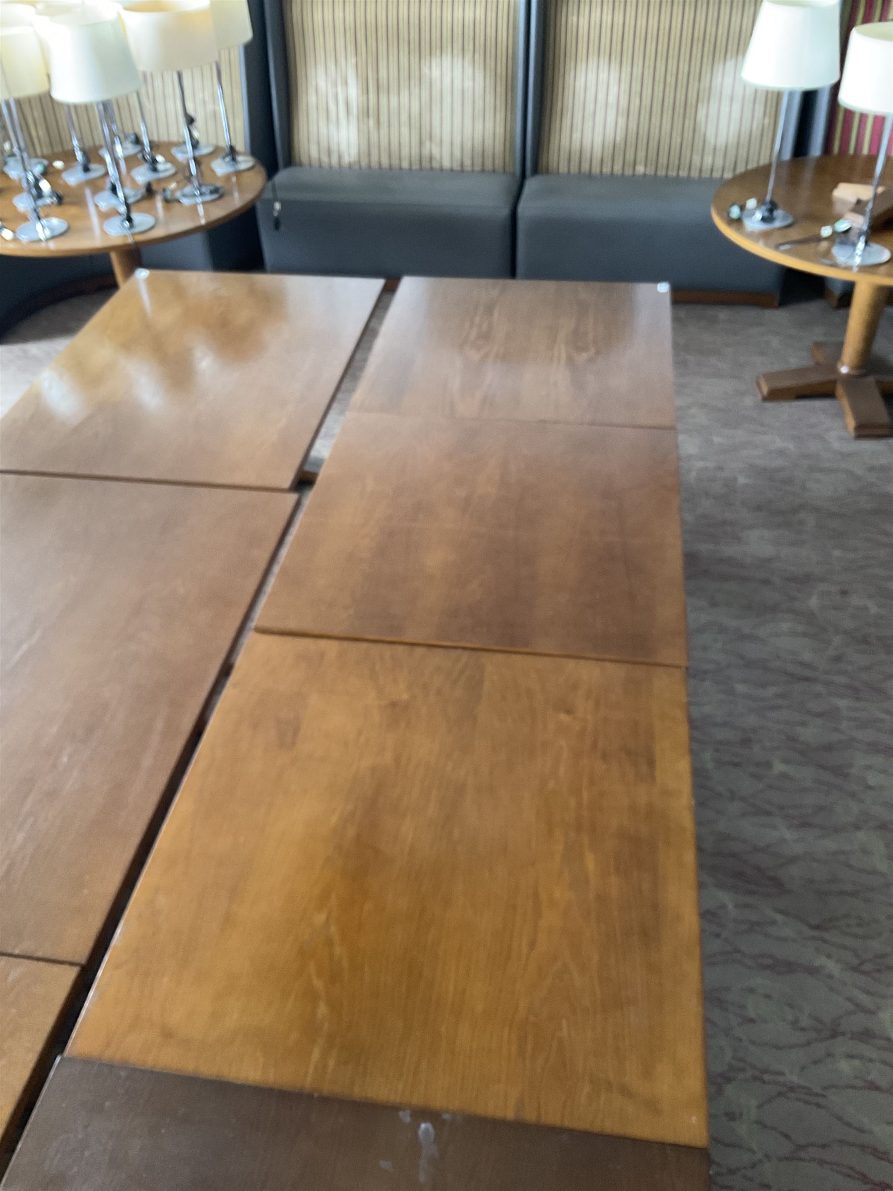 Four square walnut finish dining tables - LOT SUBJECT TO VAT ON THE HAMMER PRICE - To be collected by appointment from The Ambassador Hotel, 36-38 Esplanade, Scarborough YO11 2AY. ALL GOODS MUST BE REMOVED BY WEDNESDAY 15TH JUNE.