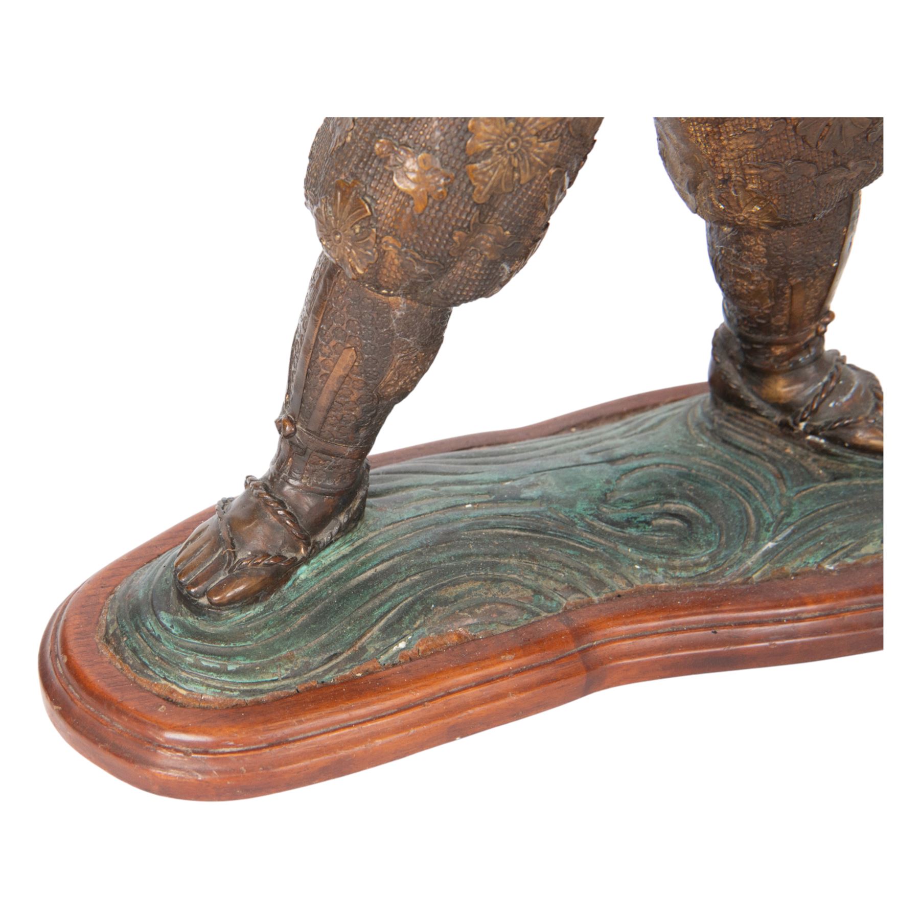 Japanese bronze of a Samurai, possibly Meiji period, standing holding spear, on a wave form base, H72cm