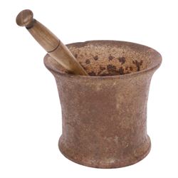 Early 19th century cast iron mortar, with turned wooden pestle, mortar H18, D23cm 