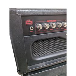 Ashdown Engineering Fallen Angel 60 DSP guitar amplifier head model no. FA60H, serial no. 18930406, 4 x 12 speaker cabinet, model no. FA 412A serial no. 20210106, and a four-button foot pedal, head H24cm, W70cm, cab H78cm, W70cm
