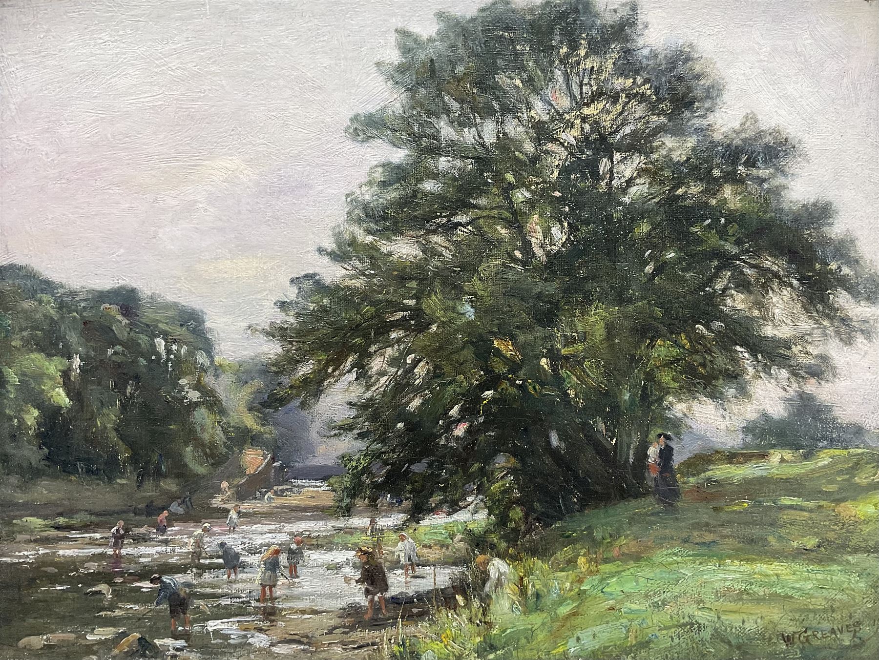 William Greaves (British 1852-1938): Children Playing in the River Wharfe, oil on canvas signed and dated 1910, 30cm x 40cm