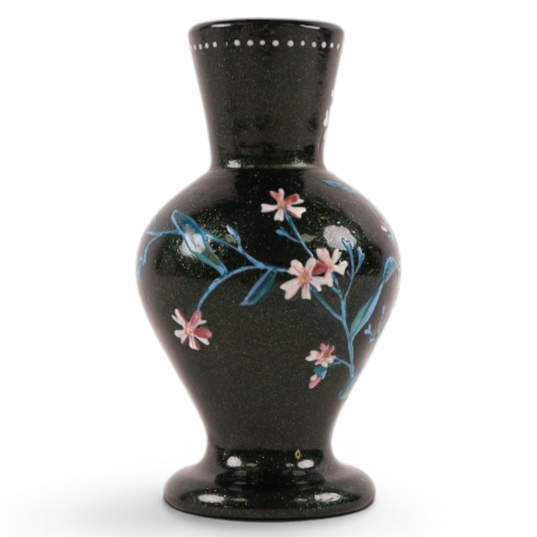 Aventurine green glass vase, hand painted with enamel flowers, H10cm