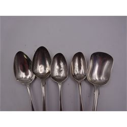 Group of silver spoons, including set of six 1930's silver coffee spoons, hallmarked W H Haseler Ltd, Birmingham 1934, contained within a fitted case, a set of four William IV Old English pattern teaspoons, no assay office mark, date letter for 1835, maker's mark worn and indistinct, a 1930's pickle fork with mother of pearl terminal, hallmarked Viner's Ltd, Sheffield 1934, and four other silver spoons, approximate total silver weight 5.39 ozt (167.5 grams)