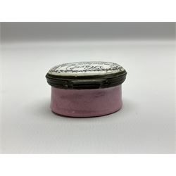 Late 18th century Staffordshire enamel patch box, of oval form with pink base, the hinged cover inscribed 'Have Communion with few, Be familiar with One, Deal justly with All, Speak evil of none' upon a white ground, opening to reveal mirror beneath, W4cm