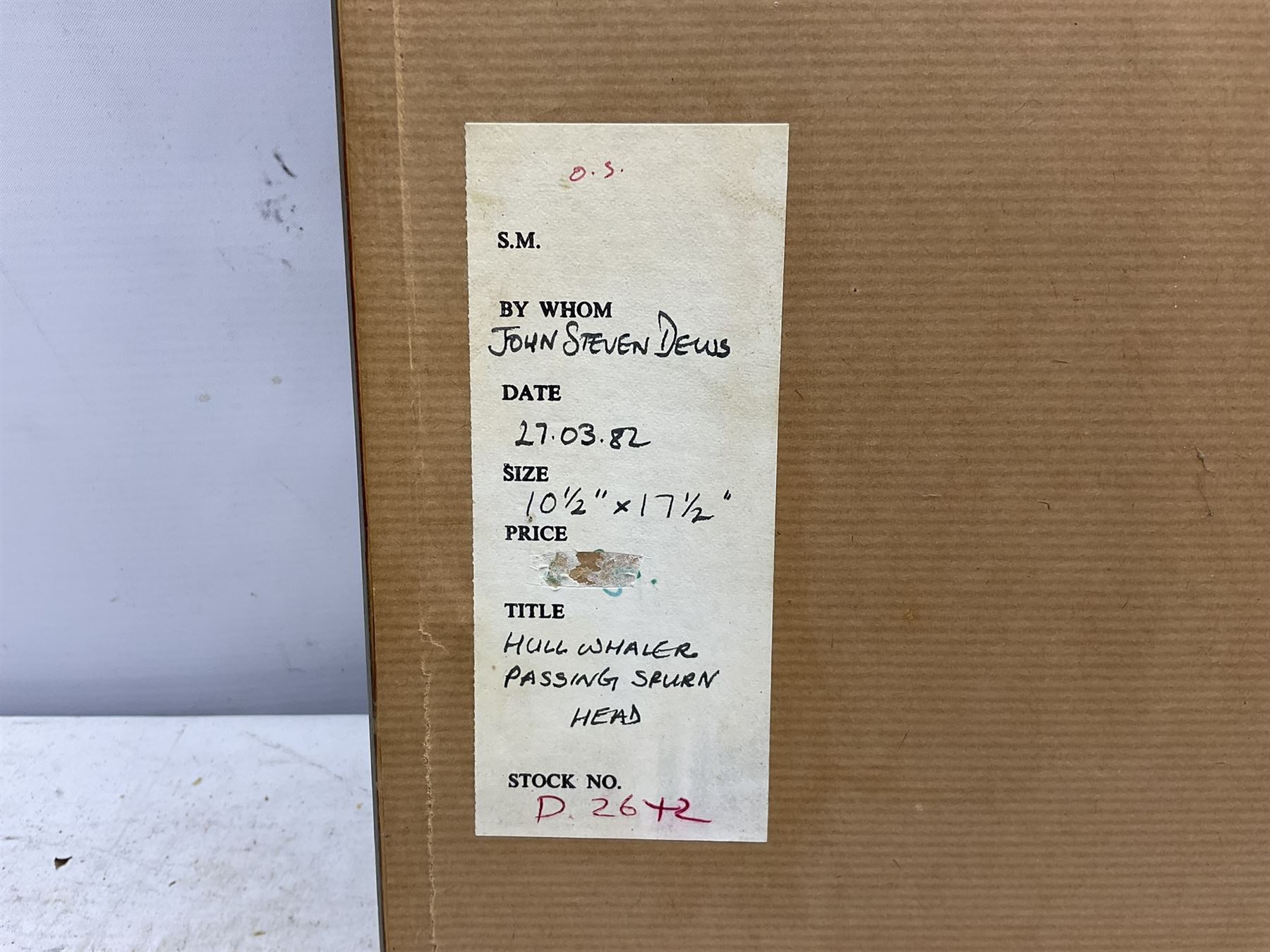 John Steven Dews (British 1949-): 'Hull Whaler passing Spurn Head', watercolour signed, titled and dated '82 on label verso 27cm x 45cm 
Provenance: private East Yorkshire collection; with E Stacy-Marks, Eastbourne, label verso