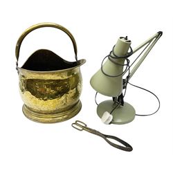 Anglepoise lamp in green, together with a brass coal scuttle and fire tongs 