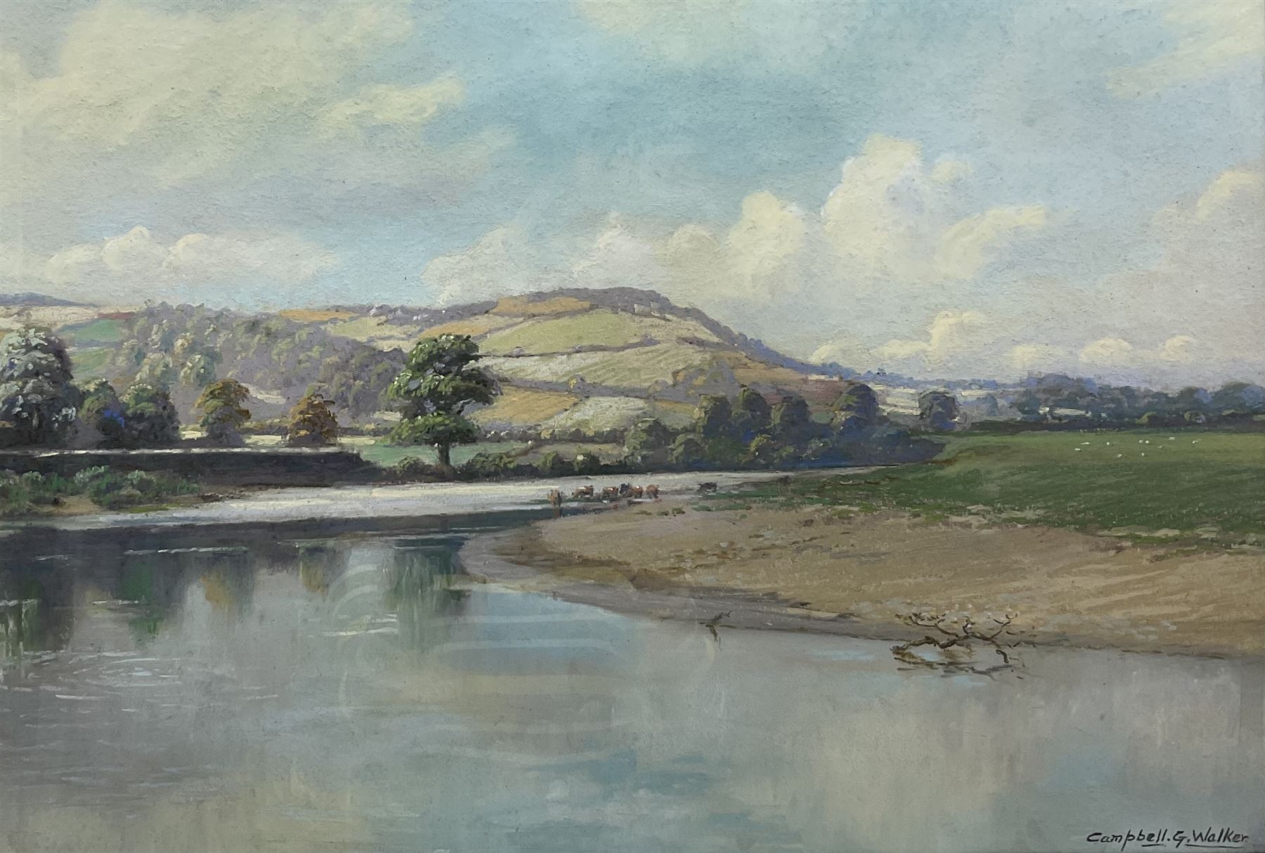 Campbell G Walker (British 20th century): River Landscape with Cattle Watering, pastel signed 44cm x 64cm