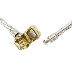 Chamilia 14ct gold and silver charm bracelet, silver bracelet, with 14ct gold and silver finials, six 14ct gold charms including cubic zirconia, four silver charms and two silver and 14ctgold charms, boxed