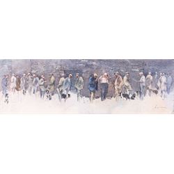 Brian Irving (British 1931-2013): Sheepdogs and Shepherds, watercolour signed 17cm x 55cm 