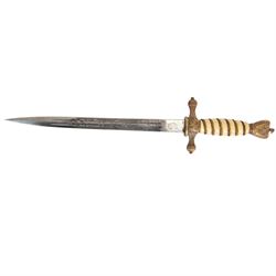 WWII German Third Reich Kriegsmarine naval dagger, with 24cm double edged blade engraved to both sides, the ricasso marked EuF Horster Solingen, 
with eagle pommel and wirebound ivorine celluloid handle, in brass engraved scabbard, overall L41cm