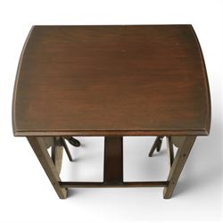 Early 20th century side table with double cake stand, rectangular moulded top, cake stands either side with support, raised on square legs terminating in castors