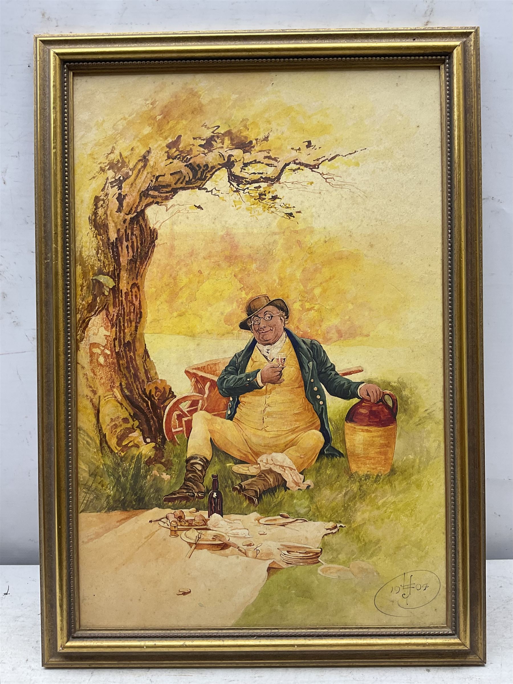 Levenson T Johnson (British 19th Century) after Frederick Barnard (British 1846-1896): The Characters of Charles Dickens - 'Mr Micawber' 'Captain Cuttle' 'Uriah Heep' 'Mrs Gamp' 'Bill Sykes' and 'Mr Pickwick', set of six watercolours signed with monogram and dated 1903 or 1904, one inscribed verso 45cm x 29cm (6)