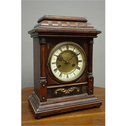  Early 20th century walnut cased mantel clock with 'H.A.C' 14-day movement striking on coil (H34cm), and an early 20th century mantel clock fitted with drawer (H52cm)  