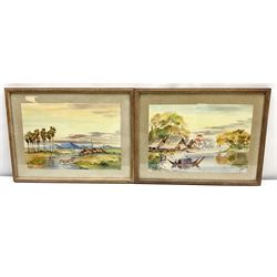 M Thein Pe (Burmese 20th Century): 'Sunset - Paddy Lands Burma' and 'Burmese Villages', pair watercolour sketches signed, labelled verso 19cm x 28cm (2)