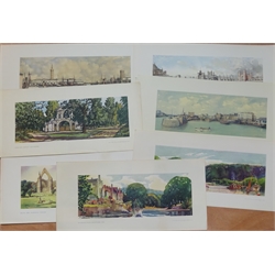  Eight unframed railway carriage prints: three after E.T.Holding of Grimsby and Lowestoft (2), two after S.Agnew Mercer of York, Bolton Abbey after Frank Sherwin, Temple Bar after Claude Muncaster and Trinity Great Court Cambridge 25cm x 53cm (8)  