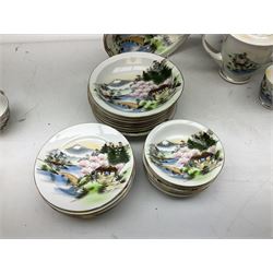 Japanese Hayasi Kutani tea and dinner wares, decorated with landscape scene, in one box 