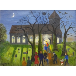  'Our Village Evensong', oil on board signed by Jocelyn Ivanyi (nee Entwistle1902-1993), with Royal Acadamy Summer Exhibition label verso 30cm x 40cm  