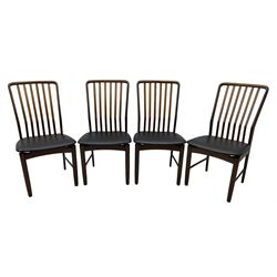 Svend Aage Madsen for Moreddi - set of four teak dining chairs, angular vertical slat back over upholstered seat, on turned front supports 