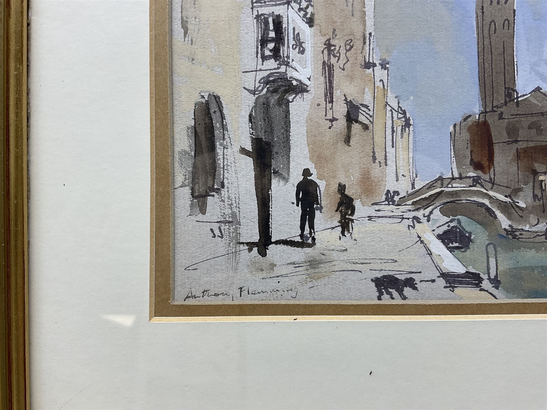 Anthony Flemming (British 1936-): Venice, pair pen and watercolours signed 17cm x 24.5cm (2)
Notes: born in London he studied at Goldsmiths College School of Art where he was awarded a First Class Honours Degree. On leaving Art School he went to Spain, his return to England was prompted by a request from John Cooper to design a racing car. Other design commissions followed from Brabham, Mclaren, Puma and Piper. He is a member of The Wapping Group of Artists having had a number of commissions from companies such as Shipowners Insurance Company, Shell, National Westminster Bank, B.P. and the Woolwich Building Society