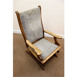  19th century beech rocking chair, upholstered back and seat, W63cm  